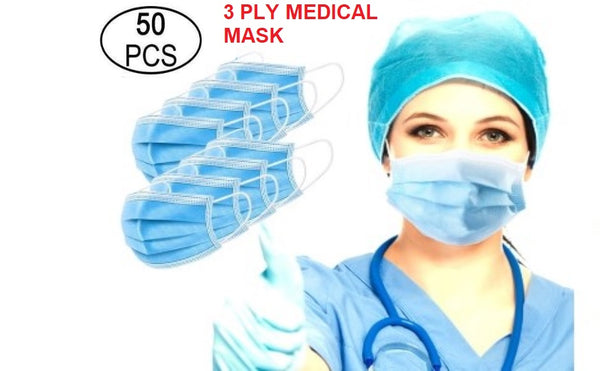 Lightahead 3-Layer Disposable Surgical Face Mask  for Germ ,Virus & Pollution Protection -50pcs