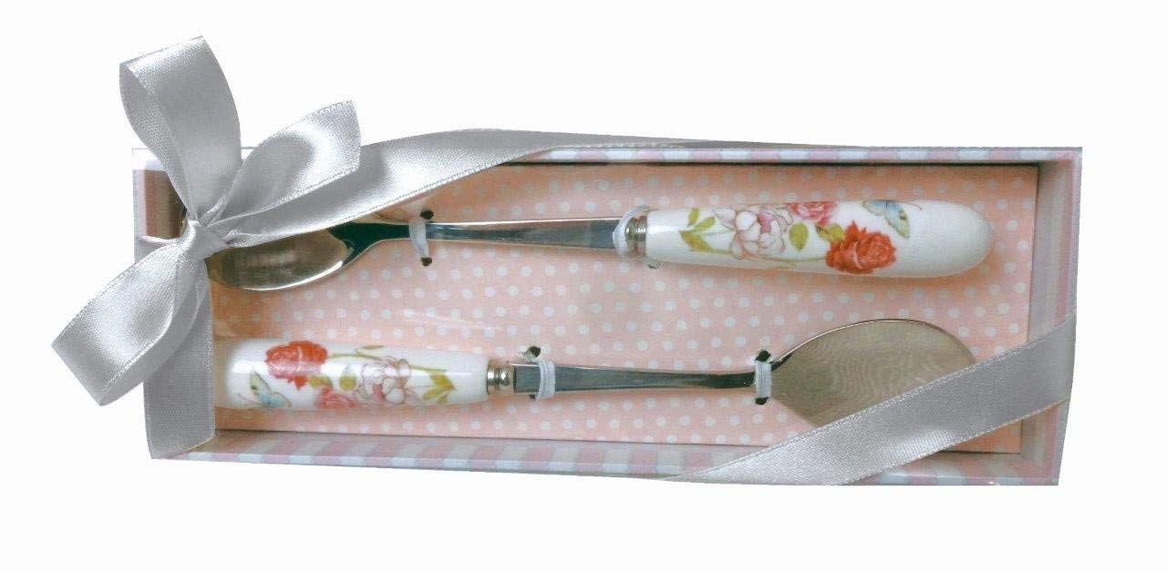 Lightahead 2 Stainless Steel Spoons with bone china handle packed in Gift box with ribbon, in pretty pink garden design