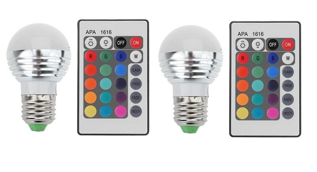 Lightahead 2 Pack E27/E26 Standard Screw Base 16 Colors Changing Dimmable 3W RGB LED Light Bulb with IR Remote Control Mood Ambiance Lighting (Round Top)