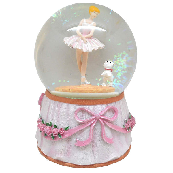 Lightahead Musical Ballerina with baby bear in a 100MM Polyresin Water Snow Globe Ball with Inside Figurine Rotating playing music