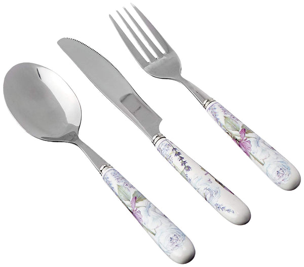 Lightahead Set of Stainless Steel Knife, Fork and Spoon with Bone China Handle in a Reusable Handmade Gift Box, Lavender Treasure Design
