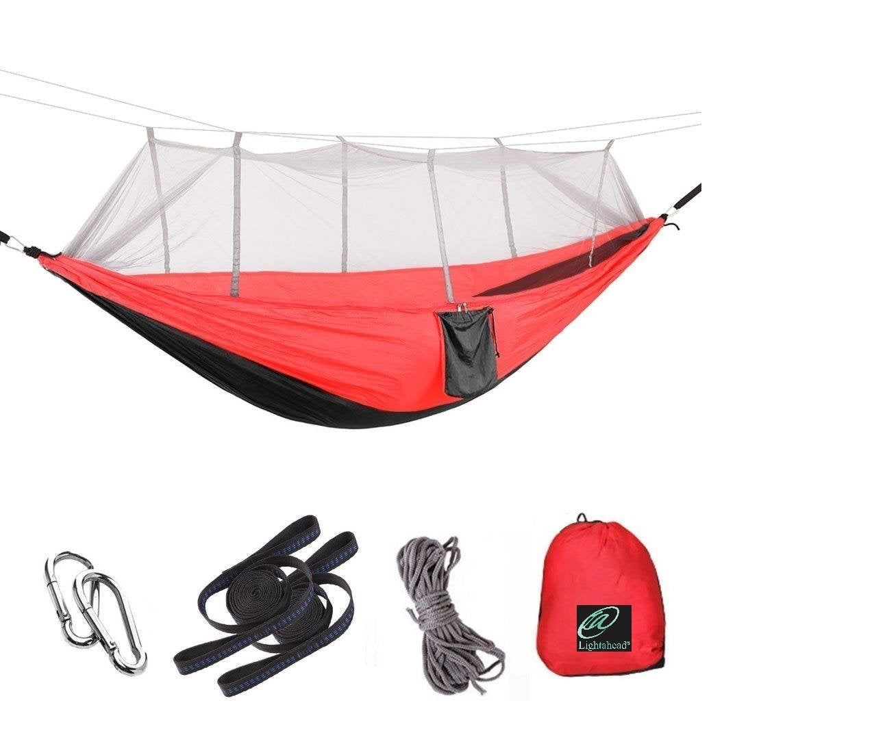 Lightahead Parachute Camping Hammock with Removable Mosquito Net,Straps,Carabiners,Rope–Black/Red