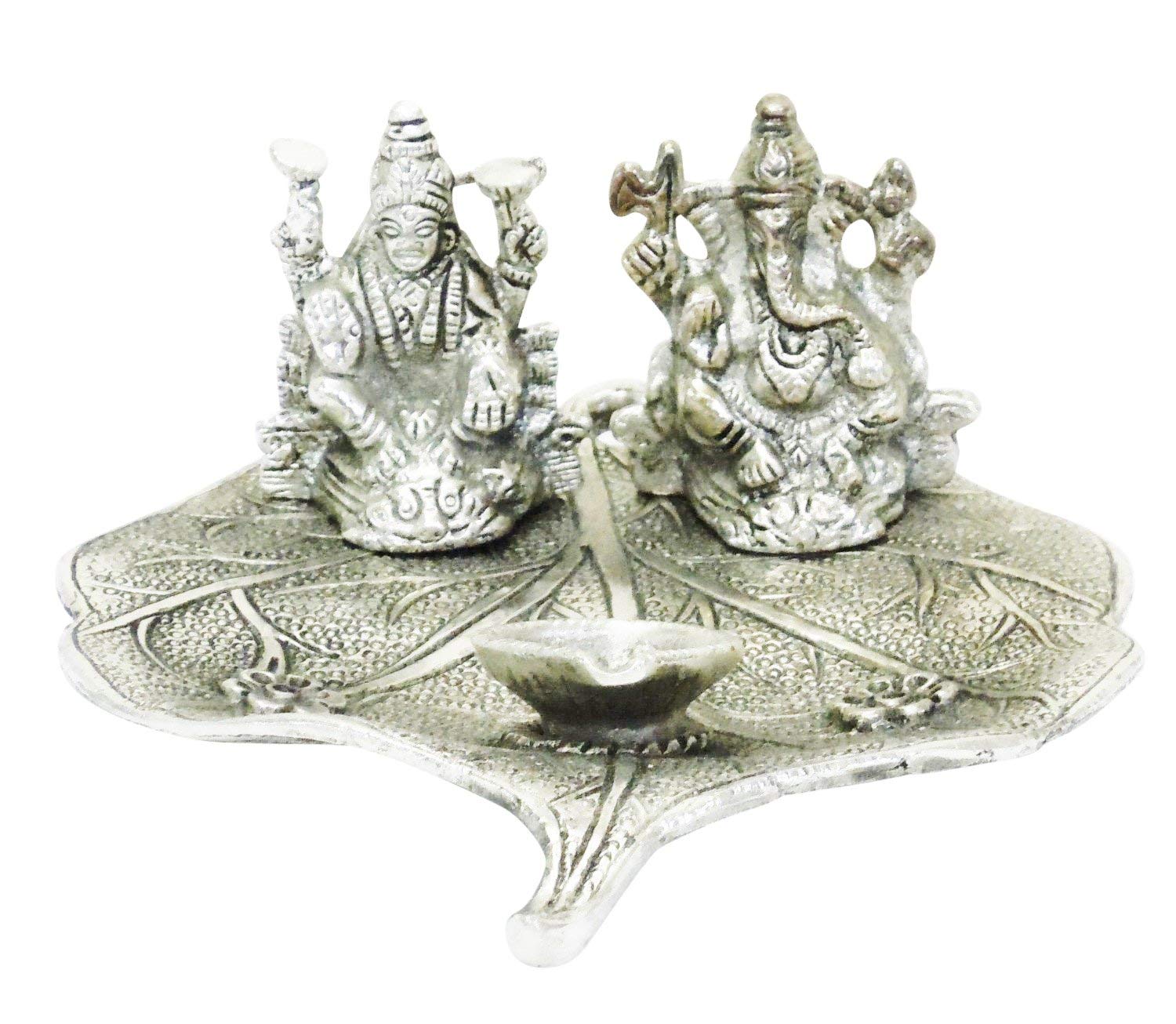 Lightahead Lord Ganesh & Goddess Lakshmi a Unique Diya Tea Light Candle Stand in White Metal Statue of Hindu Gods on a Leaf Made in India Great Diwali Gift