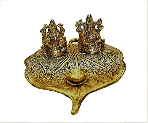 Lightahead Lord Ganesh & Goddess Lakshmi a Unique Diya Tea Light Candle Stand in Yellow Metal Statue of Hindu Gods on a Leaf Made in India Great Diwali Gift