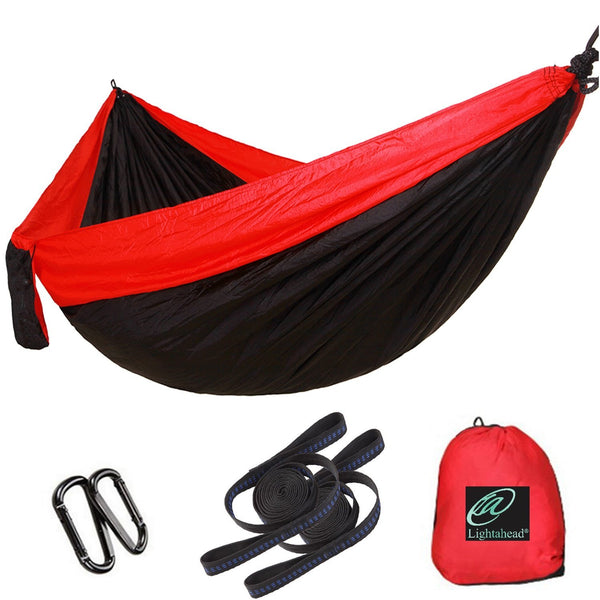 Lightahead Parachute Portable Camping Hammock Including 2 Straps with Loops & Carabiners–Black/Red