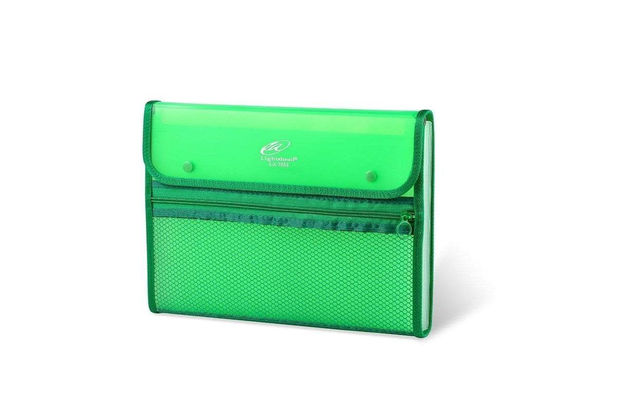 Lightahead LA-7553 Expanding File Folder with 13 pockets, with mesh bag and zipper-Green