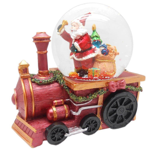 Lightahead Musical Christmas Santa with gifts Figurine Water Ball Snow Globe on a Train Engine, with the Inside Figurine Revolving in polyresin