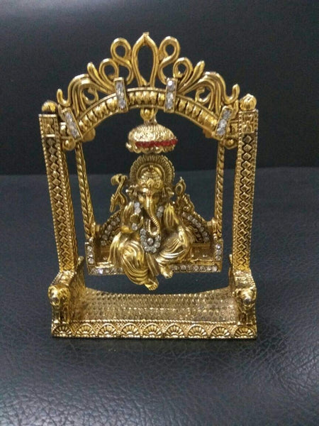 Lightahead Lord Ganesh Ganpati Hindu God Statue Jhula Ganesha Idol Sitting on Swing in Yellow Metal Zircon Studded Made in India Great Gift