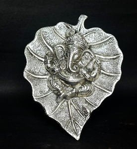 Lightahead Lord Ganesh Ganapati The Elephant god Statue Figure on Leaf in White Metal Wall Hanging Great Diwali