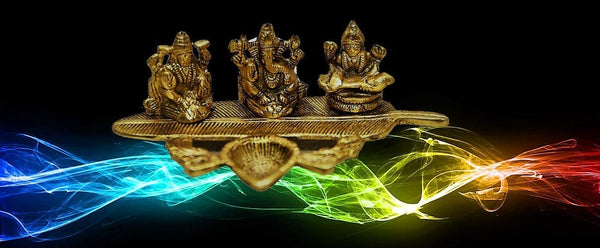 Lightahead Lord Ganesh,Goddess Lakshmi & Saraswati a Unique Diya Tea Light Candle Stand in Yellow Metal Statue of Hindu Gods on a Feather Made in India