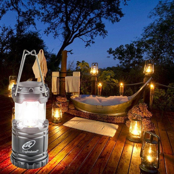 Lightahead Set of 4 Portable Outdoor LED Camping Lantern, Black, Collapsible (with Battery)