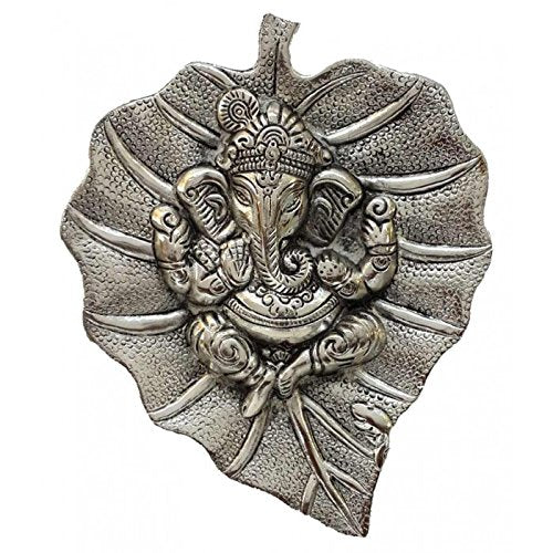 Lightahead Lord Ganesh Ganapati The Elephant god Statue Figure on Leaf in White Metal Wall Hanging Great Diwali