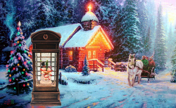 Lightahead Musical Light up Swirling Glitter Telephone Booth with Snowman Family Inside Figurine, Warm White LED Light and 8 Melodies