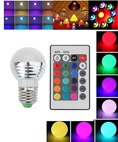 Lightahead 2 Pack E27/E26 Standard Screw Base 16 Colors Changing Dimmable 3W RGB LED Light Bulb with IR Remote Control Mood Ambiance Lighting (Round Top)