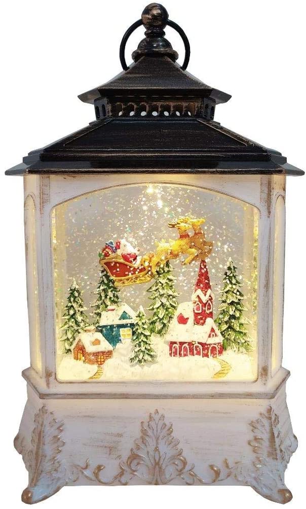 Lightahead Christmas House Light Lamp with Santa on Sleigh Figurine Inside, Musical Swirling Glitter Warm White LED Light and 8 Melodies