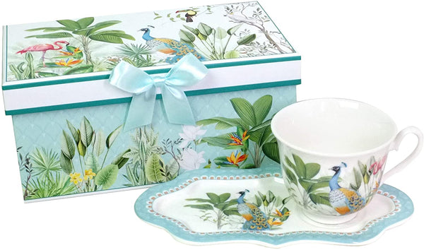 Lightahead New Bone China Unique Tea Cup 8.5 oz, Royal Saucer Set Peacock in Rain forest design, PACKED in a Reusable Handmade Gift Box with Ribbon