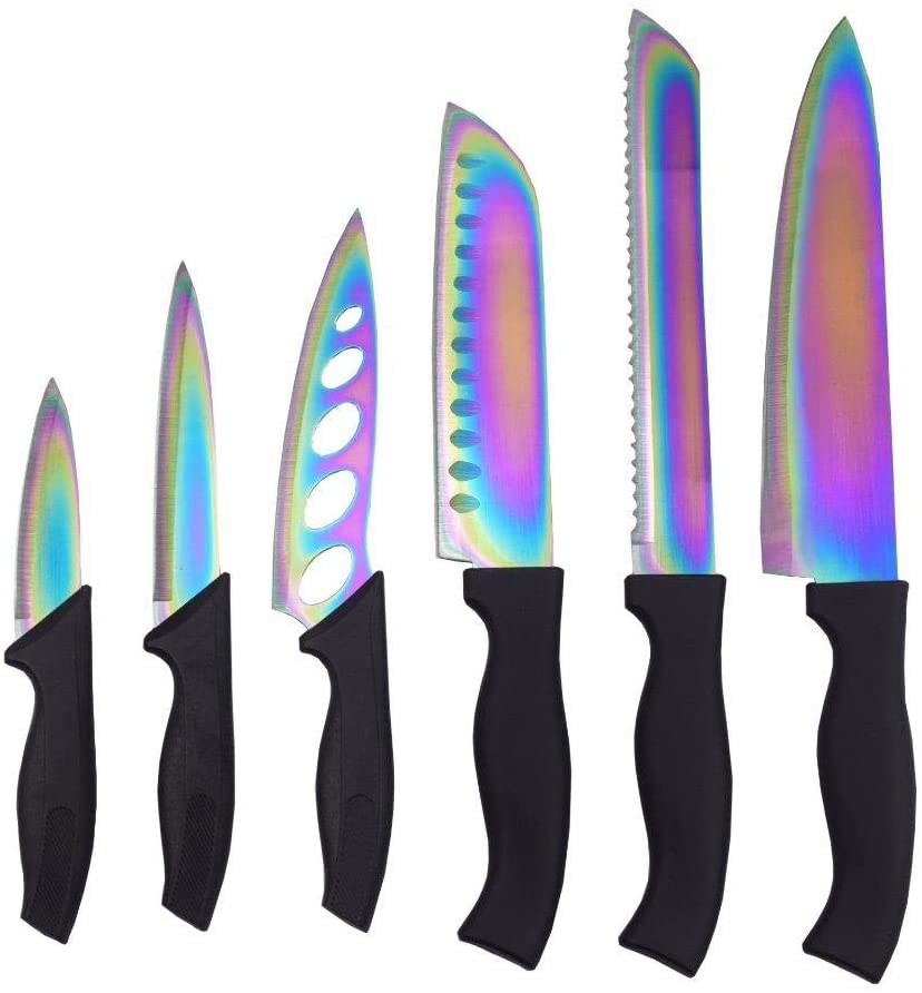 Lightahead 7pcs Rainbow Colored Knife Set, 6 Stainless Steel Kitchen Knives with Chopping Board