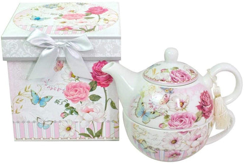 Lightahead Bone China Tea for One Set in Rose Design, in attractive Reusable Handmade Gift Box (With Bead & Ribbon)