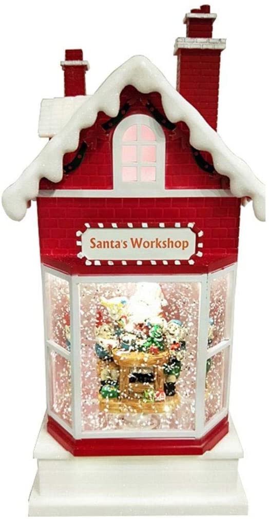 Lightahead Santa's Workshop Musical Lighted Toy House,10 Inch Christmas Santa House with Swirling Glitter and 8 Melody's Playing