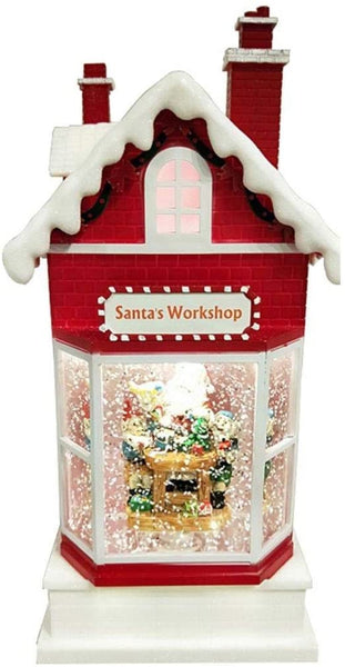 Lightahead Santa's Workshop Musical Lighted Toy House,10 Inch Christmas Santa House with Swirling Glitter and 8 Melody's Playing