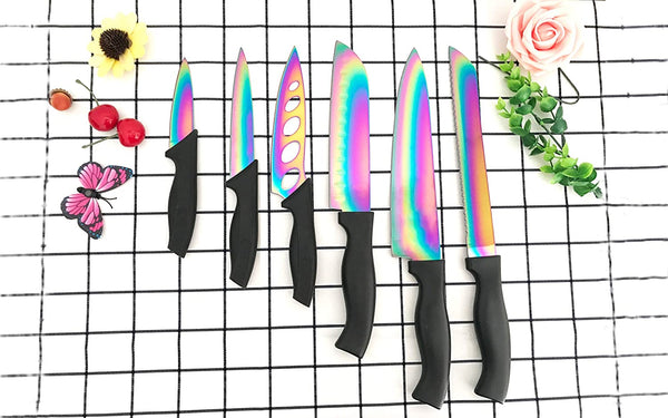 Lightahead 7pcs Rainbow Colored Knife Set, 6 Stainless Steel Kitchen Knives with Chopping Board