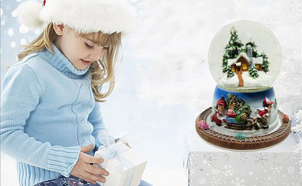 Lightahead Musical Christmas Scene Water Ball Snow Globe in 100 mm with The Inside Figurine and Outside Train Revolving