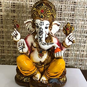 Lightahead The Blessing. A Colored & Gold Statue of Lord Ganesh Ganpati Elephant Hindu God Made from Marble Powder in India