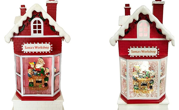 Lightahead Santa's Workshop Musical Lighted Toy House,10 Inch Christmas Santa House with Swirling Glitter and 8 Melody's Playing