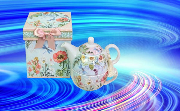 Lightahead Bone China Tea for One Set in Floral Design, in attractive Reusable Handmade Gift Box (With Bead & Ribbon)