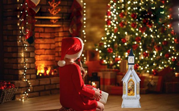 Lightahead Christmas Church Light Lamp with Nativity Scene Inside,Musical Swirling Glitter Warm White LED Light,8 Melodies Home Christmas Decorations
