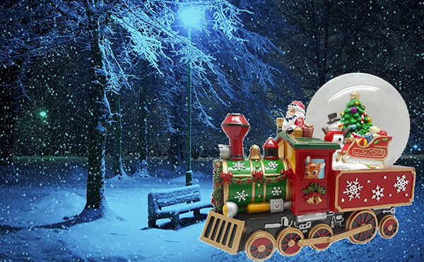 Lightahead Musical Christmas Santa Driving The Train Figurine with Snowman Gifts Christmas Tree Inside Falling Snow Water Ball Snow Globe in Polyresin